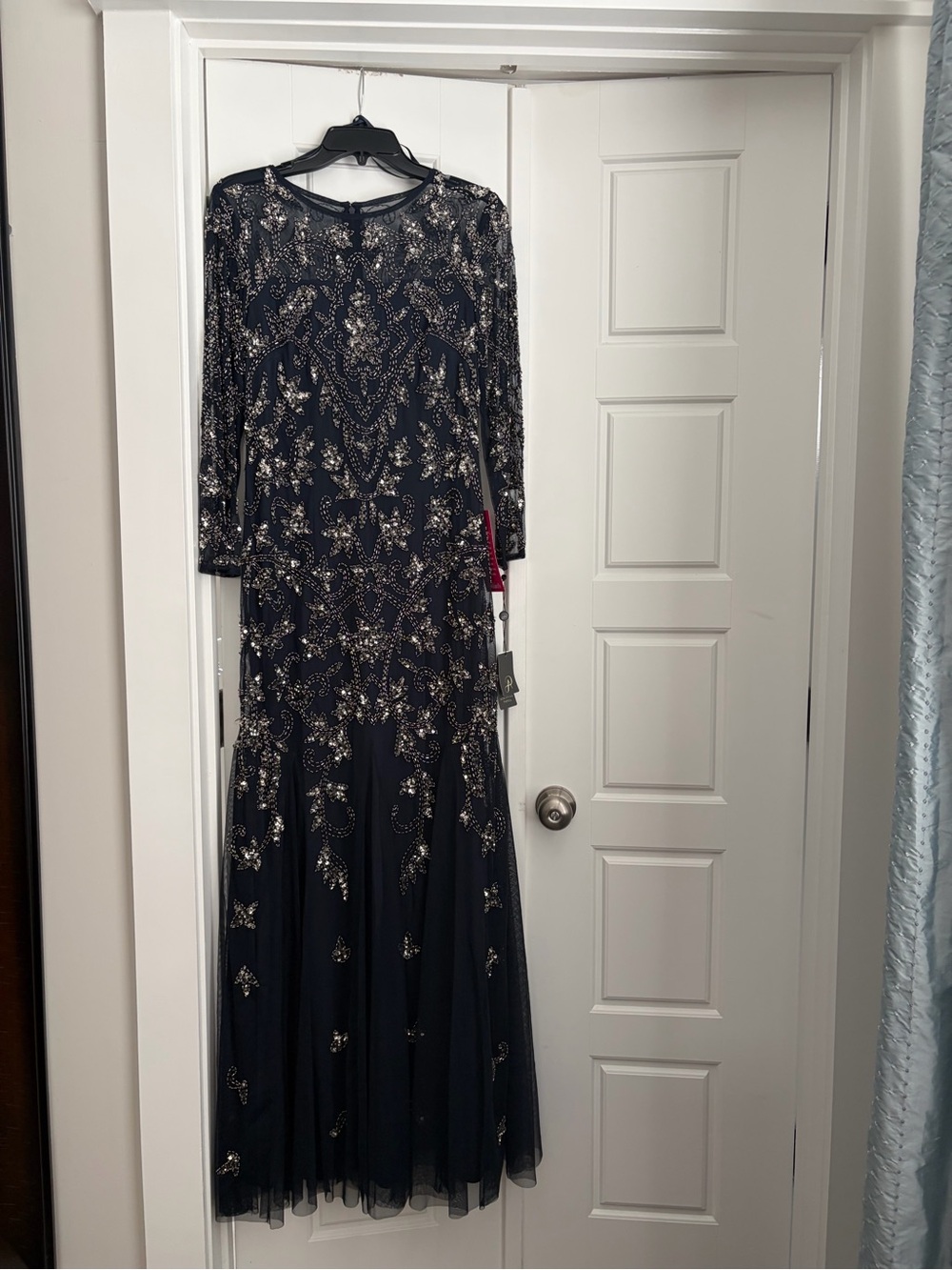 Adrianna Papell Navy Long Sleeve Beaded Evening Gown